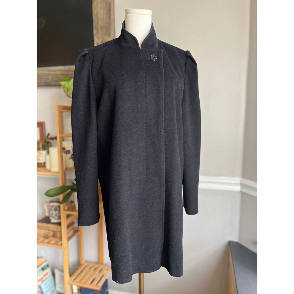 Vintage 80s Navy Wool Coat Puff Shoulder Quiet Luxury Minimal Size Medium
